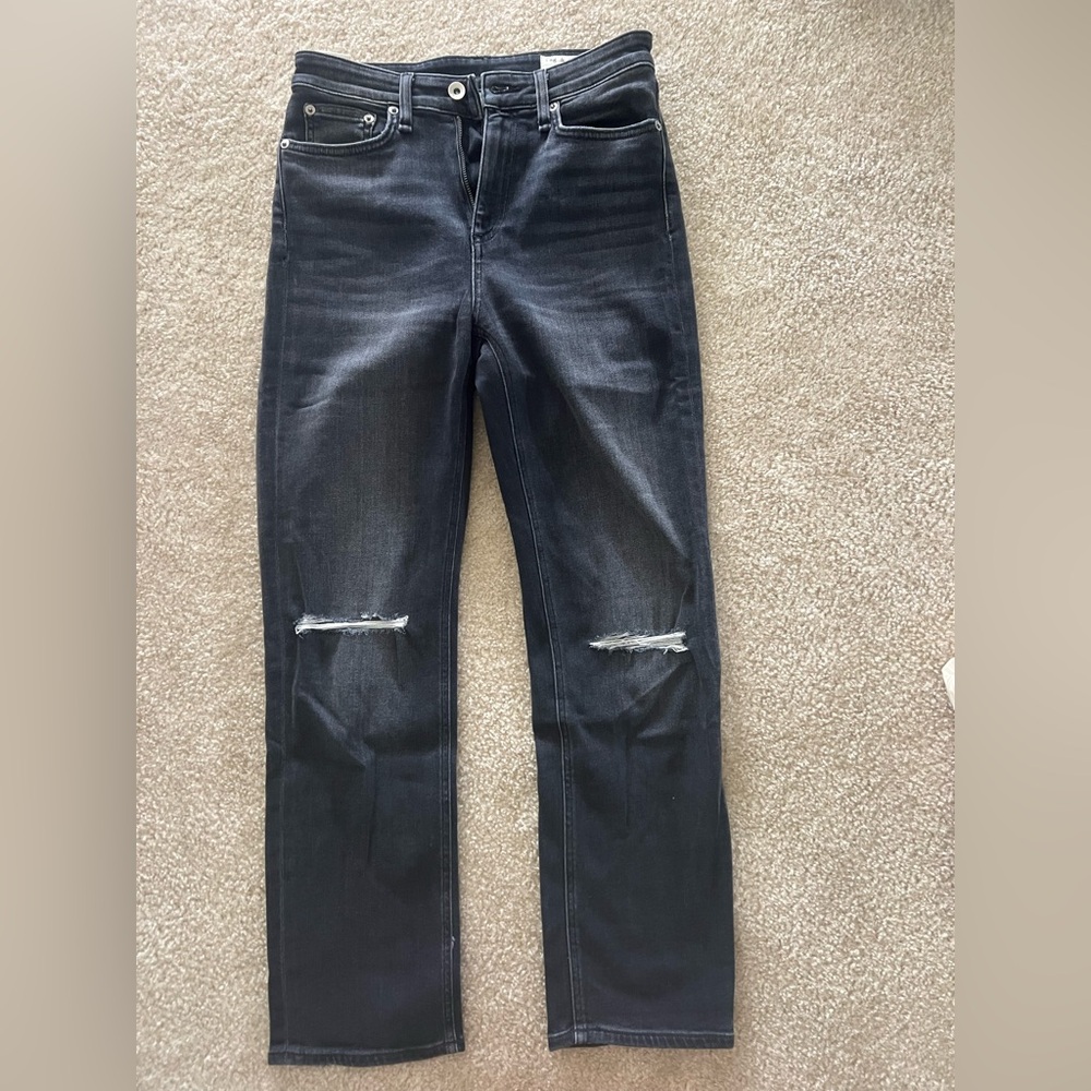 rag & bone Black Straight Jeans with Distressed Knees